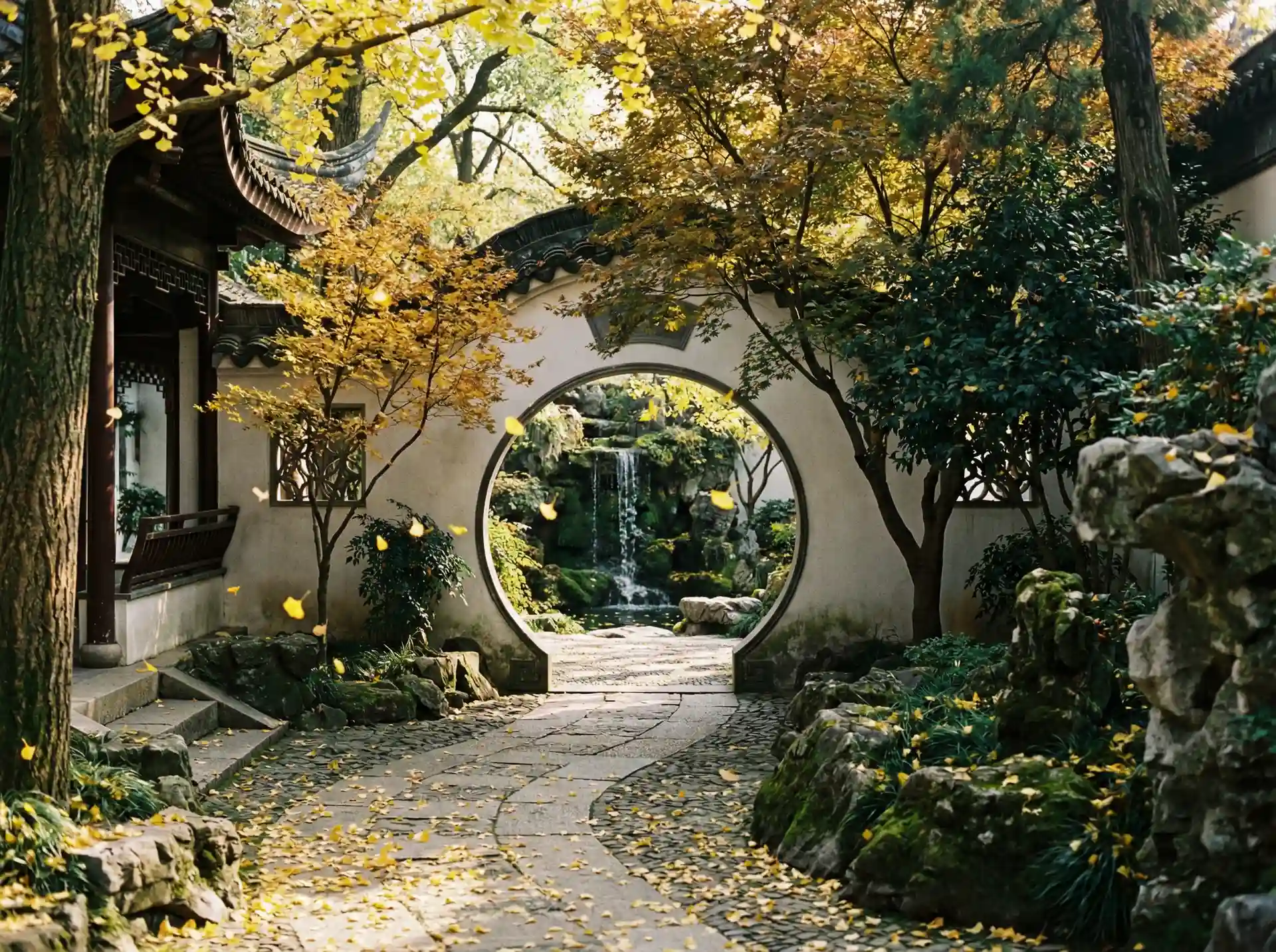 918博天堂 中式园林秋景 - 月洞门与银杏落叶